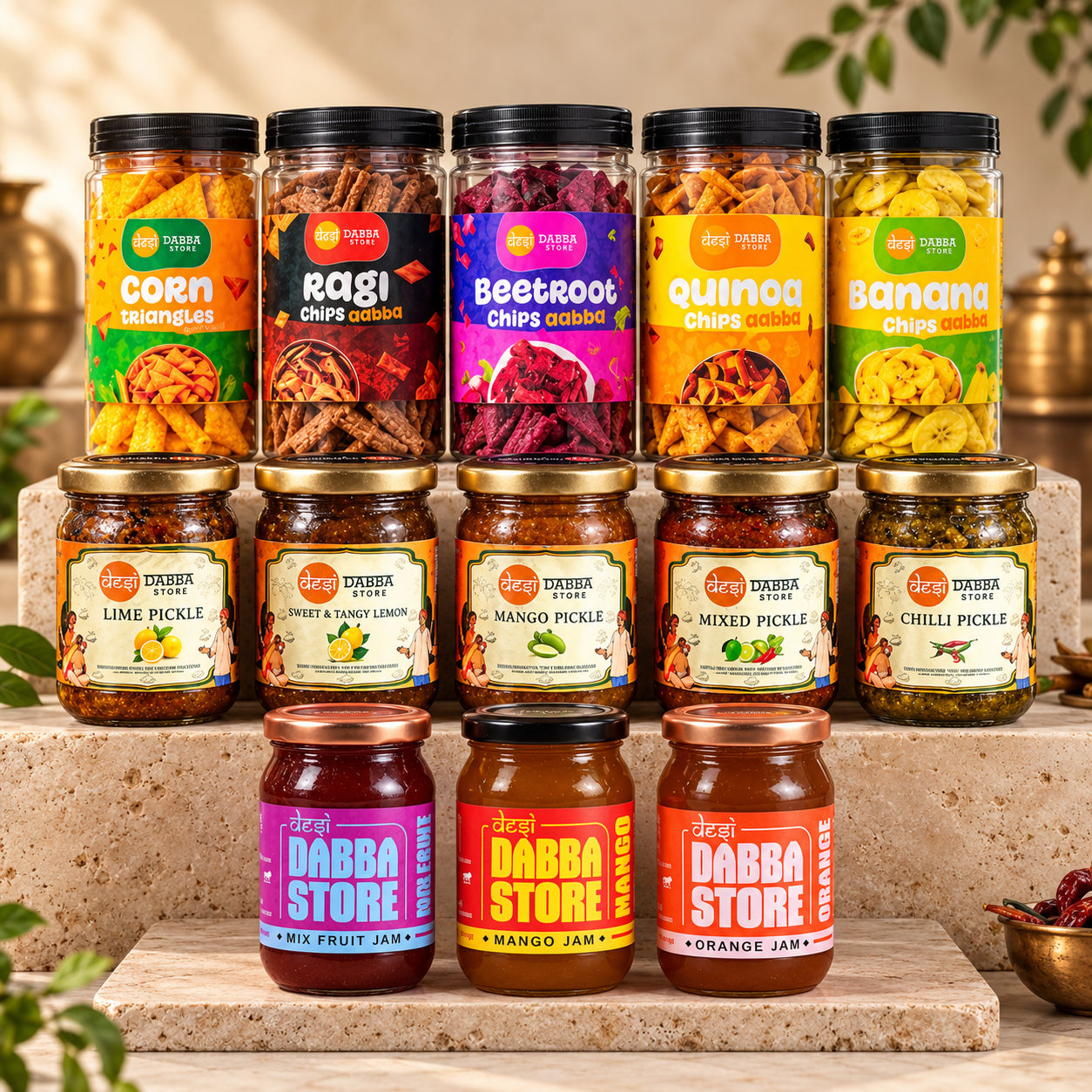 Desi Dabba collection of five chips flavours, five pickles and three fruit jams