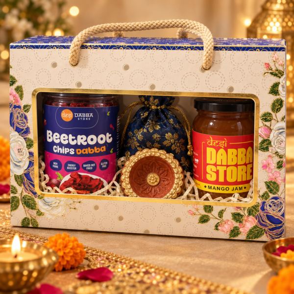 Diwali Gift Hamper – Beetroot Chips, Mango Jam, Chocolate Potli & Decorative Diya
