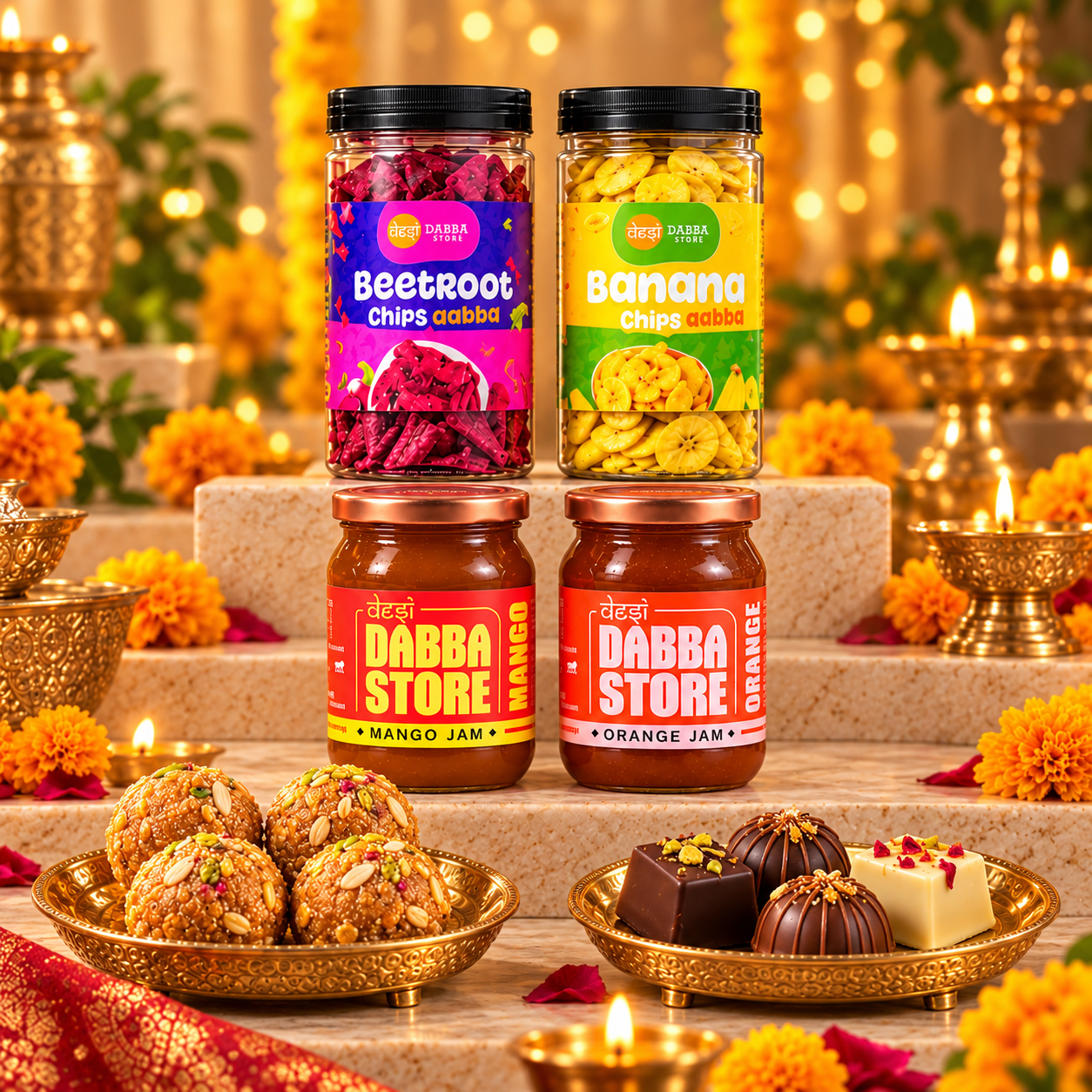 Diwali hamper with two chips jars, two jam jars, four pinni laddoos and four chocolates