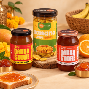 Desi Dabba Store combo with Mango Jam, Orange Jam and Banana Chips jars