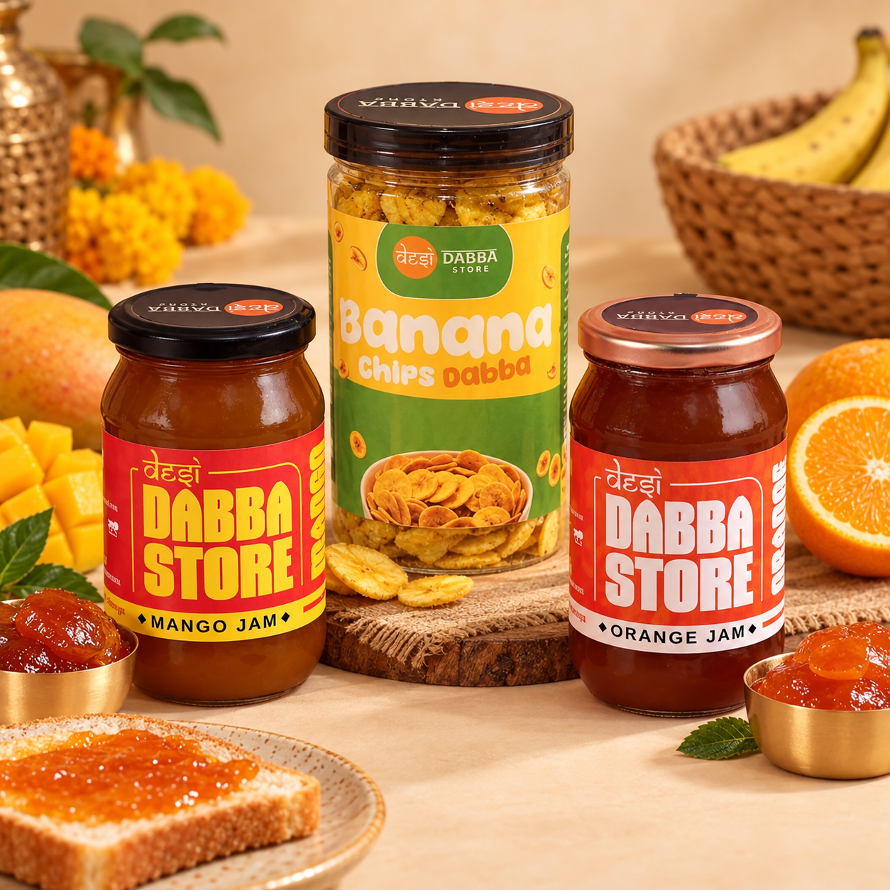 Sweet & Crunchy Jam and Chips Combo Desi Dabba Store combo with Mango Jam, Orange Jam and Banana Chips jars